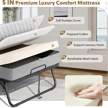 Superday Folding Bed with Mattress, 75" x 31" Folded Bed, Roll Away Beds with Mattresses for Adults, Portable Roll Away Guest Beds for Easy Storage, Space-Saving Sturdy Metal Frame