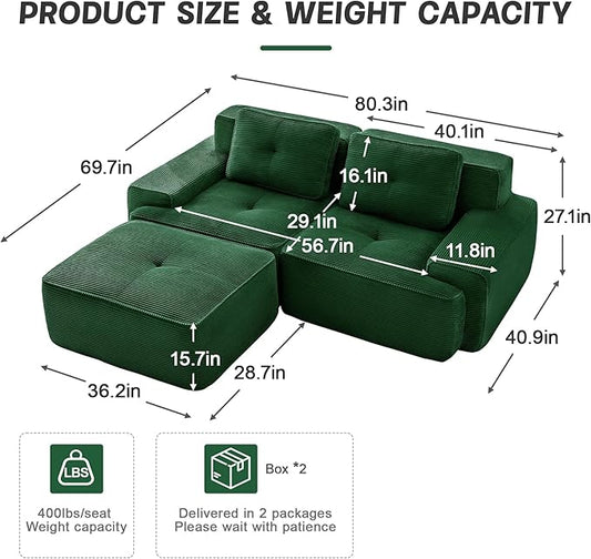 80.3” Green Boneless Couches for Living Room, Modular Sectional Sofa with L-Shape Chaise, 2 Seater Comfy Upholstered Loveseat Deep Seat Corduroy Fabric Cloud Couch No Assembly, Anti-Slip Design
