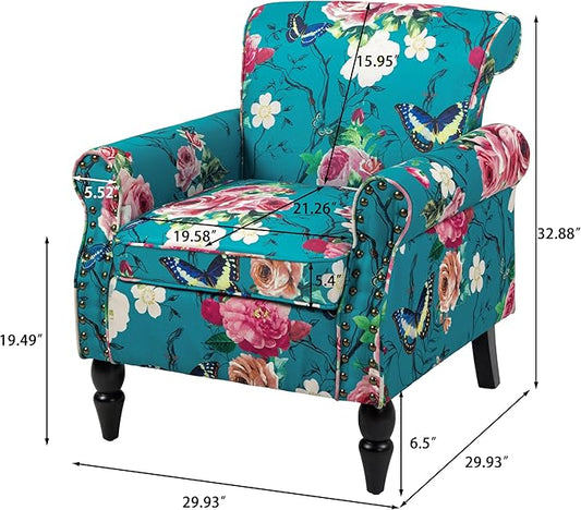 Accent Chair, Upholstered High Back Floral Armchair with Nailhead Trim & Wood Legs, Comfy Wingback Reading Single Sofa Chair for Small Spaces, Living Room, Bedroom (Blue Floral, Set of 1)