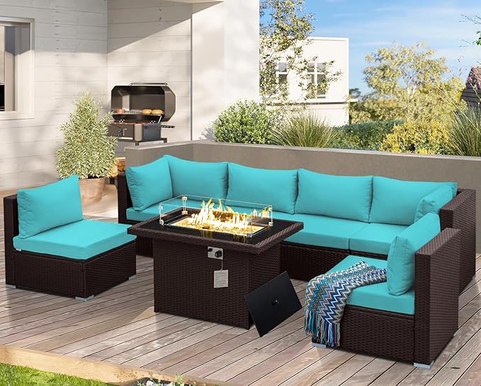 NICESOUL 7 Piece Outdoor Furniture Set with Firepit Natural Gas & Propane, Plus Size Big Modern Patio Conversation Couch, 29.3 High Back Comfy Sectional Sitting Group, Brown Rattan and Teal Cushoin