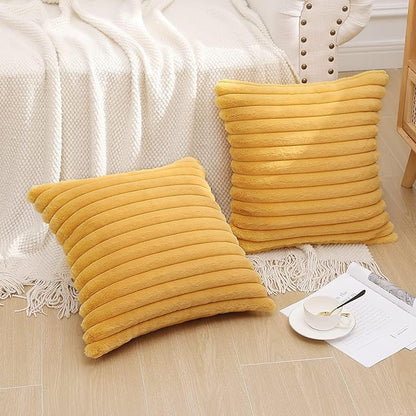 Pallene Faux Fur Plush Throw Pillow Covers 26x26 Set of 2, Luxury Soft Fluffy Striped Decorative Pillow Covers for Sofa, Couch, Living Room, Mustard Yellow
