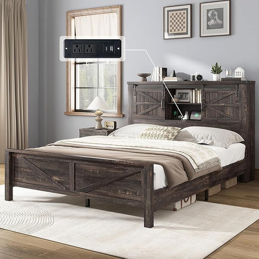 AMERLIFE Farmhouse Queen Bed Frame, Rustic Wood Platform Beds w/Barn Door Storage Bookcase Headboard & Charging Station, Bedroom Furniture, No Box Spring Needed, Dark Oak