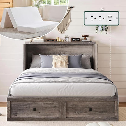 Full Murphy Bed with 6" White Tri-Fold Memory Foam Mattress, Storage Drawer & Charging Station, Space-Saving Design for Home Office or Guest Room, Rustic Grey