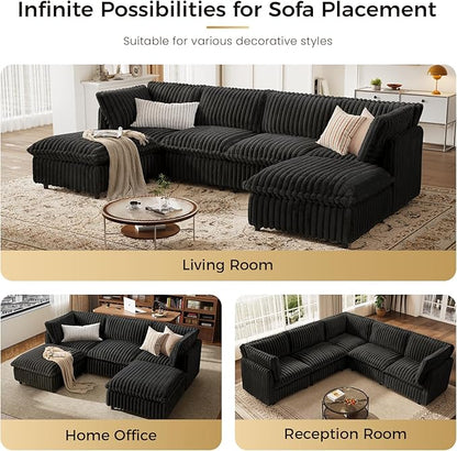 KKL Modular Sectional Couch for Living Room, U Shaped Corduroy Couches with 2 Ottomans, 5 Seater Oversized Sofa Convertible to L Shaped, Soft Fabric Modern Sofa, Black