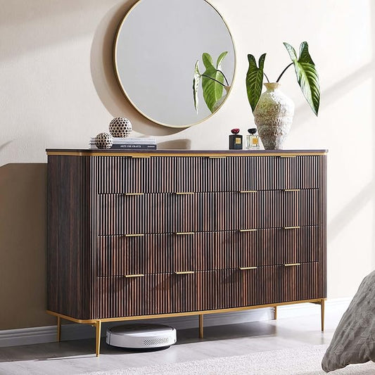 T4TREAM Fluted 9 Drawers Dresser, Modern Wooden Top Chest of Drawers with Curved Profile Design, Dresser TV Stand Drawer Organizers for Bedroom, Living Room, Hallway(Dark Walnut)