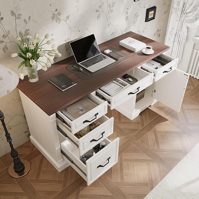 59" W Large Executive Desk, Modern Computer Desk with 5 Drawers & File Cabinet, Rustic Computer Table with Storage, Farmhouse Study Table for Home Office, Living Room, White and Brown
