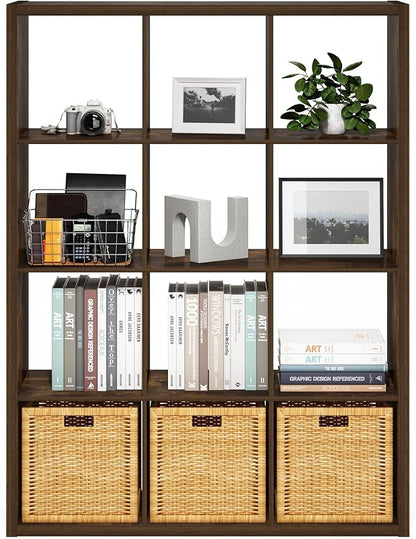 Furinno Cubicle Book Shelf, 12-Cube Thick Frame Bookshelf, Reversible Bookcase with Open Back, 14.6 x 43.8 x 58, for Living Room, Bedroom, Home Office, Amber Pine