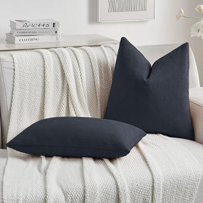 FUTEI Navy Blue Chenille Decorative Throw Pillow Covers 16x16 Inch Set of 2,Soft Cozy Striped Geometric Patterns Cushion Cases,Modern Home Decor for Couch Bed Living Room