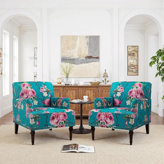 Pia Ricco Floral Accent Chairs 2 Pack - Modern Nailhead Trim Armchairs with Wood Legs, Upholstered Reading Chairs for Living Room Bedroom