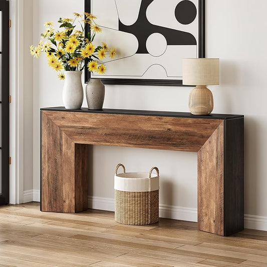 LITTLE TREE Console Table, 63 Inches Extra Long Sofa Table for Living Room, Modern Hallway Entryway Foyer Table for Entrance, Easy Assembly, Black & Rustic Brown