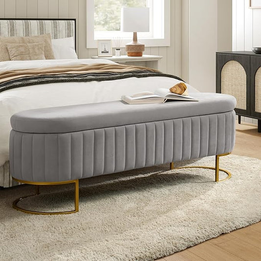 EcoHarbor Living 55.5" Storage Bench Ottoman End of Bed Bench Bedroom Bench, Upholstered Velvet Long Window Bench Large King Size with Gold Legs, Flipping Lid Entryway Footrest (Light Grey)