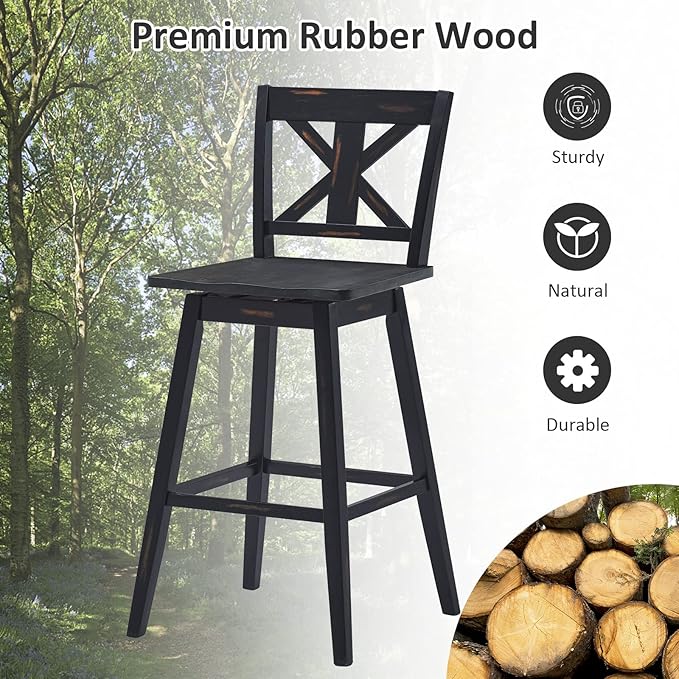 COSTWAY Bar Stools Set of 2, 360 Degree Swivel, 29-inch Height Chairs w/Non-Slip Foot Pads, Rubber Wood Bar Chairs, Vintage Bar Stools for Home, Restaurant (Black)