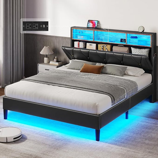 LED Full Bed Frame with Type-C & USB Charging Station, Full Size Bed Frame with Storage Headboard, Modern Pu Leather Platform Bed with Shelf Headboard, Easy Assembly, Noise-Free, Black