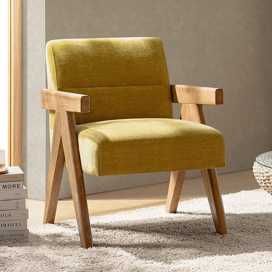 HULALA HOME Modern Accent Chair, Upholstered Arm Chair with Solid Wood Frame, Comfortable Padded Seat and Back, for Living Room, Bedroom, Mustard