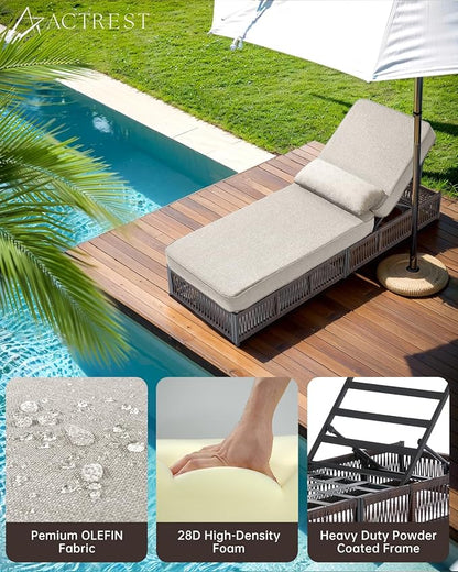 Luxury 2PCS Outdoor Chaise Lounge and Side Table Set with 5 Inch Thick Cushions - High Back Brown Wicker Patio Recliners Chairs Lounger for Poolside Pool Porch Garden Sunbathing - Beige