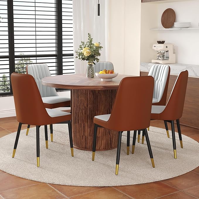 Round Dining Table Set for 6 with Two Storage, 47" Round Dining Table with 6 PU Leather Chairs, 7 Piece Kitchen Table Chairs Set of 6 with 1.7” Thick Wood Top, Roman Column Pedestal, Space-Saving