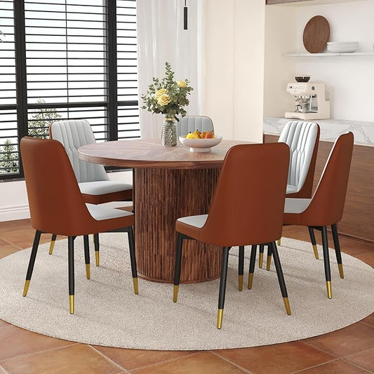 Round Dining Table Set for 6 with Two Storage, 47" Round Dining Table with 6 PU Leather Chairs, 7 Piece Kitchen Table Chairs Set of 6 with 1.7” Thick Wood Top, Roman Column Pedestal, Space-Saving