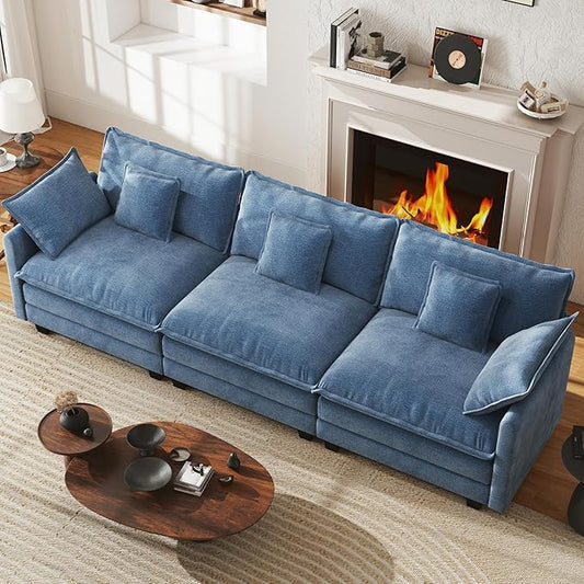 WorthFurni 111.4” Cloud Couch, Modular Sectional Sofa, Comfy Modern 3-Seater Couches with Pillows & Upholstered Deep Seat Cushion for Living Room Apartment Bedroom (Blue)