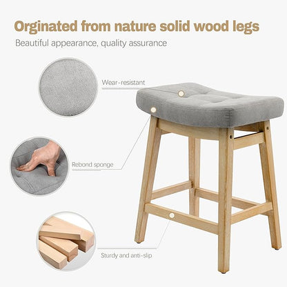 Counter Height Bar Stools Set of 4 for Kitchen Counter Farmhouse Modern Barstools with Upholstered Fabric Backless Seat and Solid Wood Legs 24 inch Bar Chairs, Grey + Wood Color