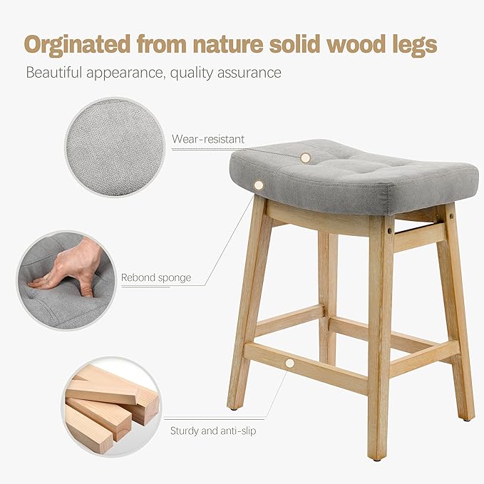 Counter Height Bar Stools Set of 2 for Kitchen Counter Farmhouse Modern Barstools with Upholstered Fabric Backless Seat and Solid Wood Legs 24 inch Bar Chairs, Grey + Wood Color