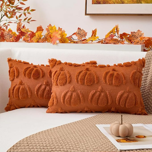 Kevin Textile Fall Pillow Covers 12x20 Inch Set of 2 Soft Pumpkins Decorative Lumbar Throw Cushions Plush Autumn Faux Fur Harvest Gift for Couch Sofa Chair Bedroom Home Decor, Brown