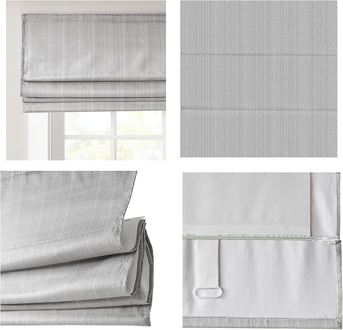 Madison Park Galen Cordless Roman Shade, 29"W x 64"H, Sheen Grey – Room Darkening, Thermal Insulated, Energy Efficient Window Blind with Subtle Sheen Basketweave Fabric for Privacy
