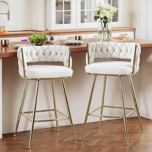 VECELO Bar Stools Set of 2, Counter Height Bar Stools, 26 inch Seat Barstools with Woven Back and Footrest for Kitchen Island Counter, White