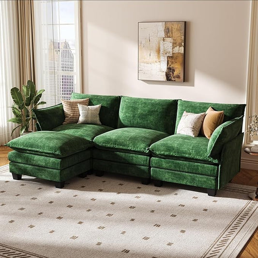 KKL 91.3" Modular Sectional Sofa, L-Shaped 4 Seater Cloud Couch with Ottoman, Chenille Modern Sectional Couches for Living Room, Apartment, Green