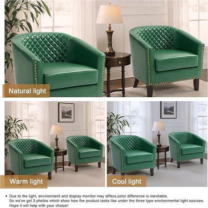 Pia Ricco Faux Leather Barrel Chairs Set of 2, Modern Comfy Accent Chairs, Upholstered Armchair Club Chairs with Nailhead Trim, Single Sofa Barrel Chair for Living Room Reading Room, Green