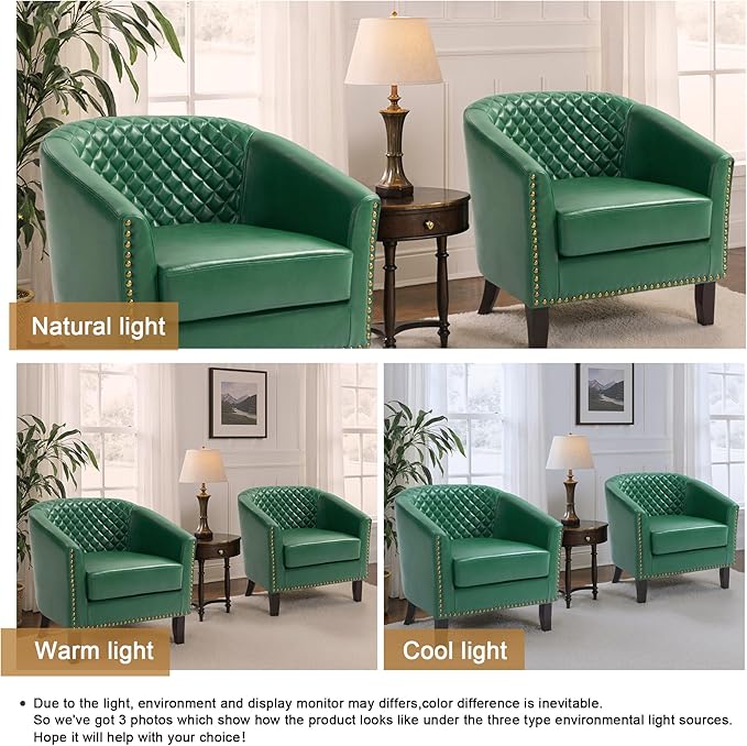 Pia Ricco Faux Leather Barrel Accent Chair, Modern Club Arm Chair Comfy Upholstered Single Sofa Chair with Solid Wood Legs and Nailhead Trim for Living Room/Reading Room (Green)