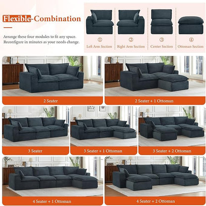 108" Sectional Couches for Living Room Boneless Couch Upholstered Cloud Couch Sectional Modular Sectional Sofa with L Shaped (Corduroy-Blue, 3 Seat+2 Ottoman)