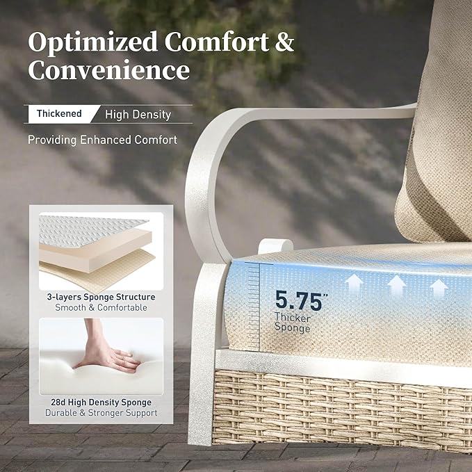 6 Piece Metal Outdoor Patio Furniture Set, Patio Conversation Set 1 3-Seater Sofa, 2 Fixed Sofa, 2 Swivel Chair with 5.75" Thick Cushion & Coffee Table White Backyard Furniture, Beige