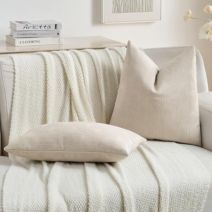 FUTEI Beige Chenille Decorative Throw Pillow Covers 12x20 Inch Set of 2,Soft Cozy Striped Geometric Patterns Lumbar Pillow Cases,Modern Home Decor for Couch Bed Living Room