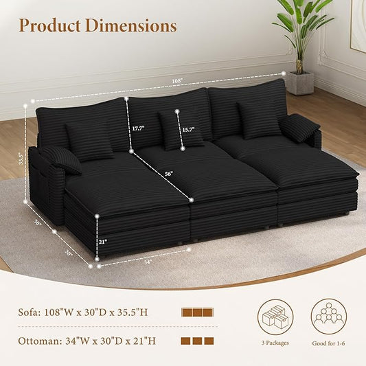 Vesgantti 108" Sectional Sleeper Sofa, 6-Seater Oversized Modular Cloud Couch with Movable Ottoman, Corduroy Large Sofa Bed Convertible Deep Seat Couches for Living Room, Bedroom and Apartment, Black