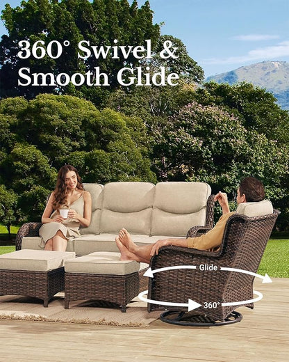 HILLGA Luxury Patio Furniture Set with 6-inch Thick Cushion, Outdoor Couch and High Back Swivel Rocker Patio Chairs, 8PCS Wicker Conversation Set for Deck Yard and Poolside, Beige (V2)