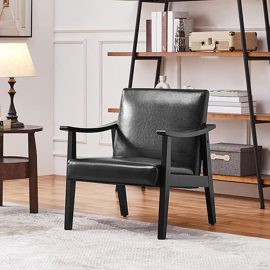 Yaheetech PU Leather Accent Chair, Mid-Century Modern Armchair with Solid Wood Legs, Reading Leisure Chair with High Back for Living Room Bedroom Waiting Room, 2 Pieces, Black
