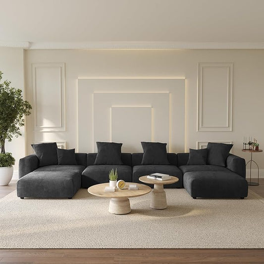 WJShome Cloud Couch Modular Sectional Sofa,181.1inch U Shaped Couch,Oversized Corduroy Couches with Ottoman and 6 Pillows,Black 6 Seater,Cushion Covers Removable& Washable