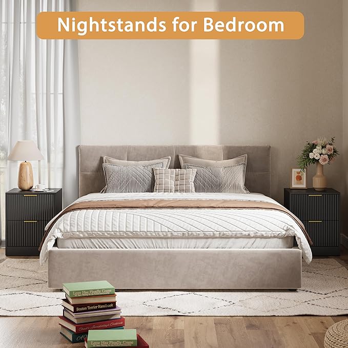 3-Piece Modern Bedroom Furniture Set, Wide 9-Drawer Dresser & 2-Drawer Nightstands Set of 2, Natural Wood Dresser and Nightstand Sets for Bedroom, Hallway, Black