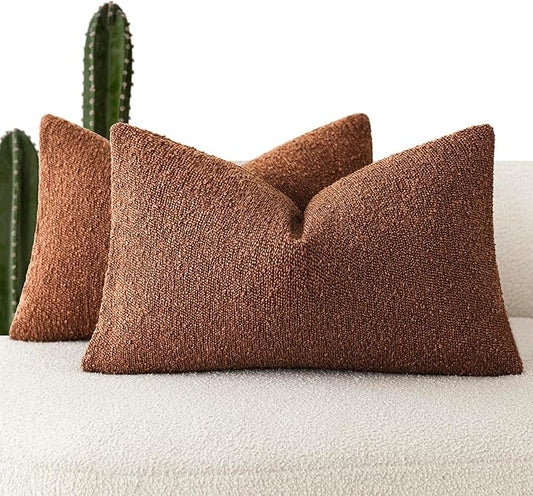 Foindtower Pack of 2 Textured Boucle Throw Pillow Covers Accent Solid Decorative Lumbar Pillow Cases Cozy Couch Cushion Case for Chair Sofa Bedroom Living Room Home Decor 12x20 Inch Red Taupe