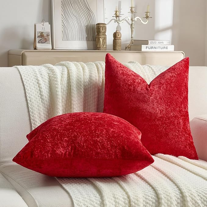FUTEI Christmas Red Flannel Throw Pillow Covers 22x22 Inch Set of 2,Soft Dimensional TextuChristmas Red Cushion Cases,Modern Home Decor for Couch Living Room