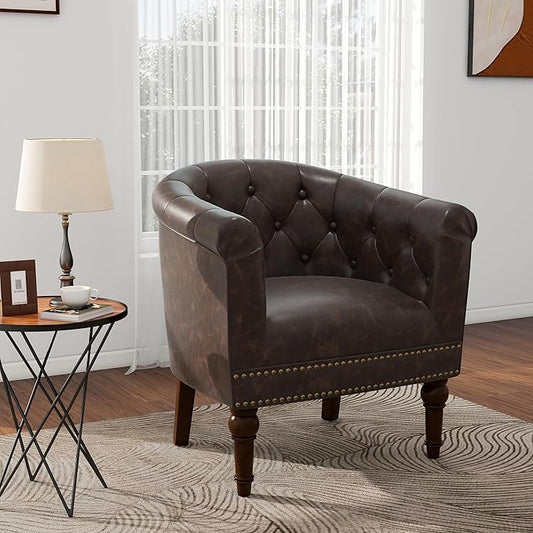 Pia Ricco Faux Leather Barrel Accent Chair, Comfy Club Armchair with Solid Wood Legs, Upholstered Single Sofa Chair for Living Room Bedroom/Reading Room, Chocolate