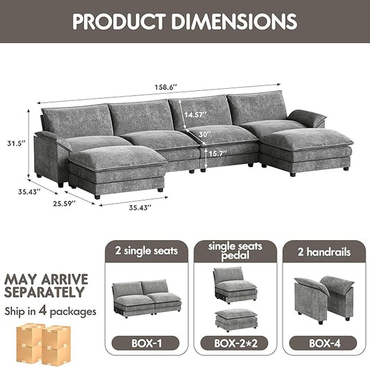 Homall 159" Modular Sectional Sofa, U Shaped Sofa Couch with Reversible Ottoman, DIY Combination Chenille Deep 4-Seat Cloud Couch for Living Room, Apartment (Light Grey, U Shaped Sofa)