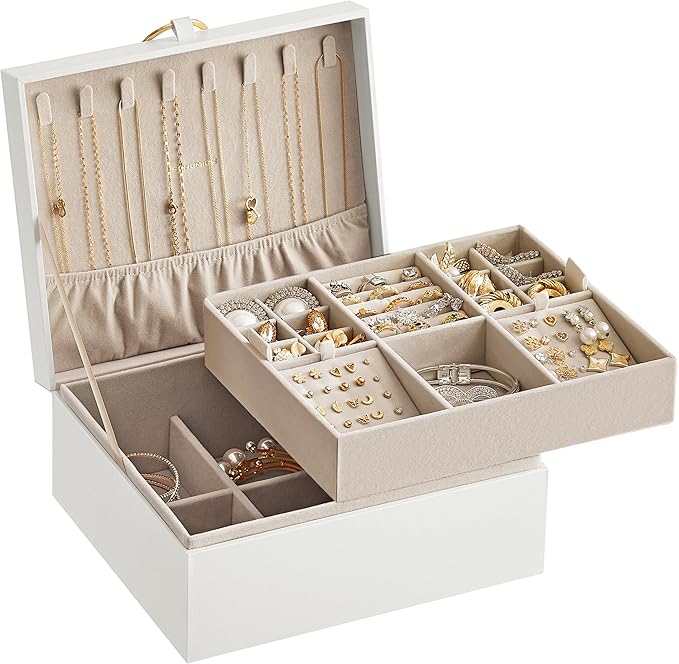 SONGMICS 2-Layer Jewelry Box, Jewelry Organizer with Handle, Removable Jewelry Tray, Jewelry Storage, Floating Effect, 8.1 x 9.4 x 4.3 Inches, Christmas Gift, White UJBC165W01