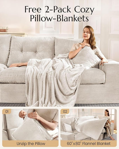High Back Boneless Couch, Oversized Cloud Couch with Versatile 2-Pack Pillow Blankets, Corduroy Modular Sectional Sofa with Ottoman, No Assemble Sectional Couches for Living Room, Warm White