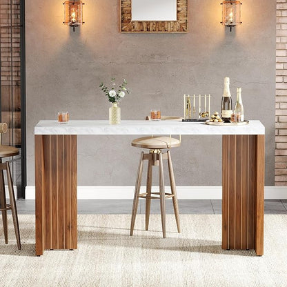 Tribesigns 55.12-Inch Bar Table, Modern Counter Height Pub Table with a Faux Marble Tabletop, Rectangular Home Coffee Bar Unit for Kitchen, Dining Room, Living Room, Balcony, Basement, Walnut & White