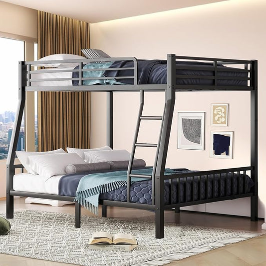 Bunk Bed Full XL Over Queen, Heavy Duty Metal Bunk Bed Frame, Queen bunk Bed with Guardrail Heavy Duty Bunk Bed Frame for Adults - Teens Dorm Bedroom Guest Room（Black）