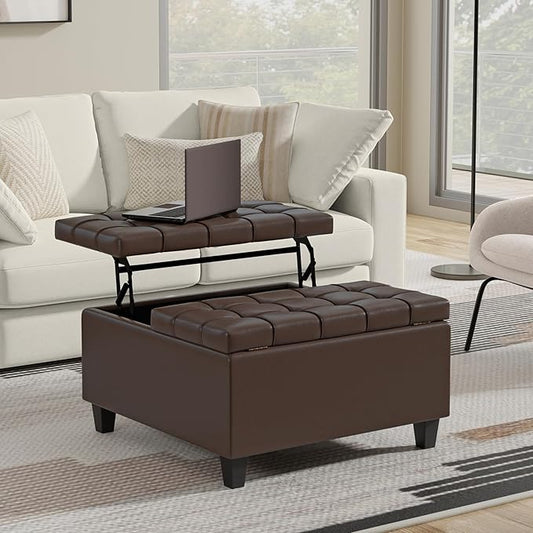SIMPLIHOME Harrison 30 inch Wide Transitional Square Small Coffee Table Storage Ottoman in Chocolate Brown Vegan Faux Leather, Assembled, for The Living Room and Bedroom