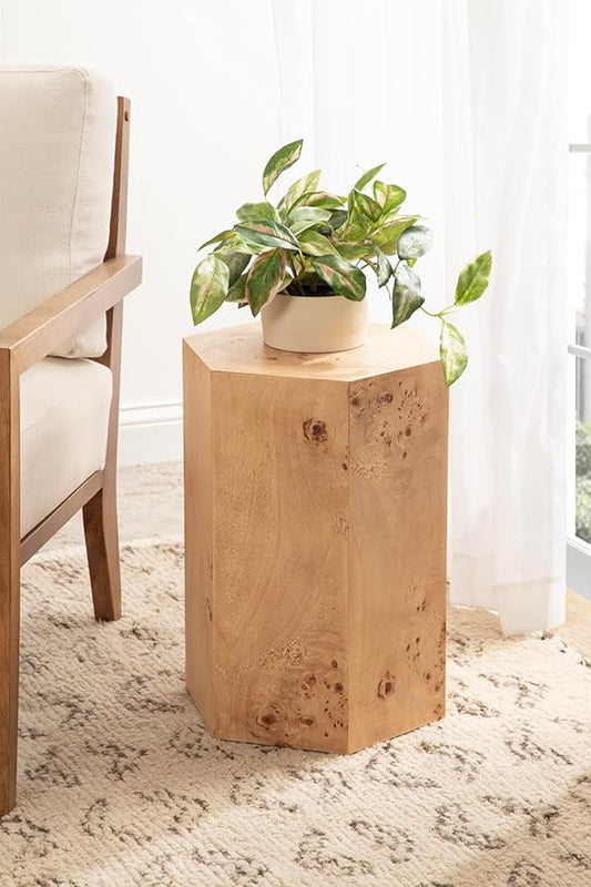 Kate and Laurel Berkett Hexagon Burlwood Side Table, 14 x 12 x 19, Natural Wood, Transitional End Table for Use as Burlwood Nightstand, Living Room Pedestal Table, or Bedroom Vanity Stool