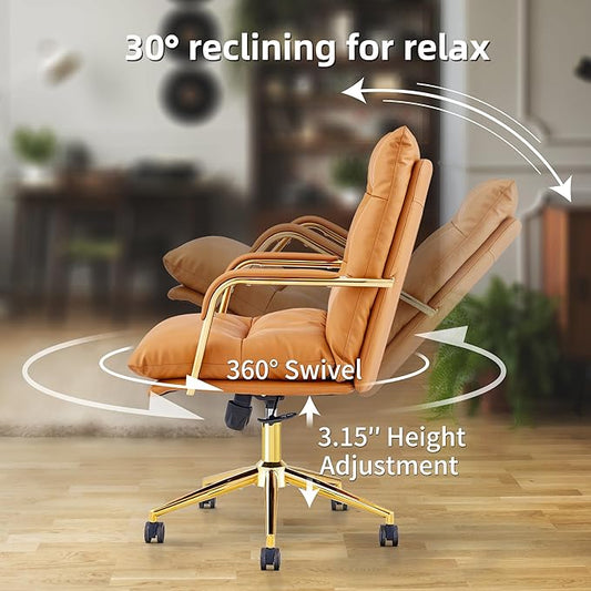Leather Gold Home Office Desk Chair, Executive Comfy Desk Chair with Support Armrests, Swivel Wheels, Height Adjustable, Mid Back, 360 Swivel, Computer Chair for Office Room, Brown