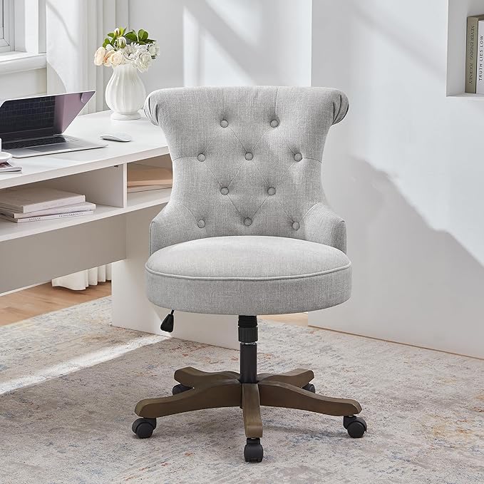 Home Office Adjustable Height Swivel Chair With Wheels - Linen Fabric Upholstered Computer Desk With Wooden Legs - Comfortable Armless for Study Studio (Light Grey)